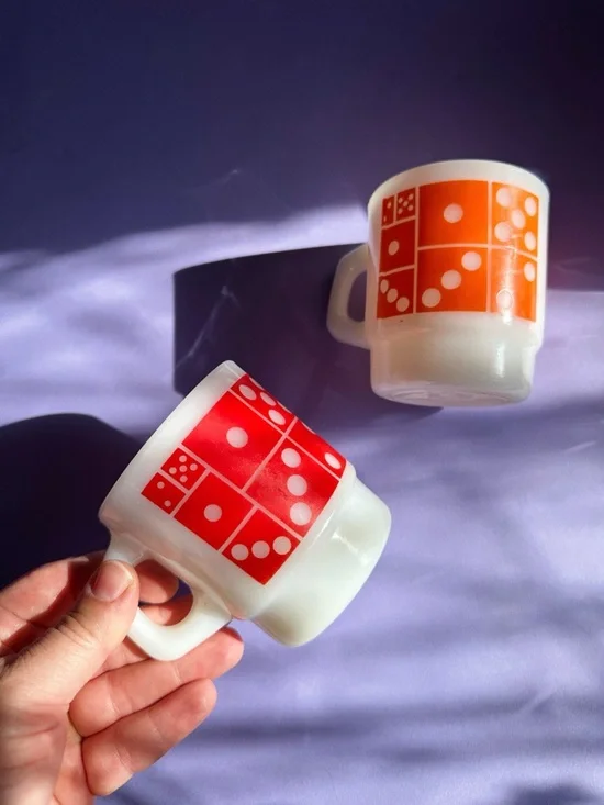 Vintage Orange & Red Domino Stacking Fire King Milk Glass Mugs - Picture 3 of 5